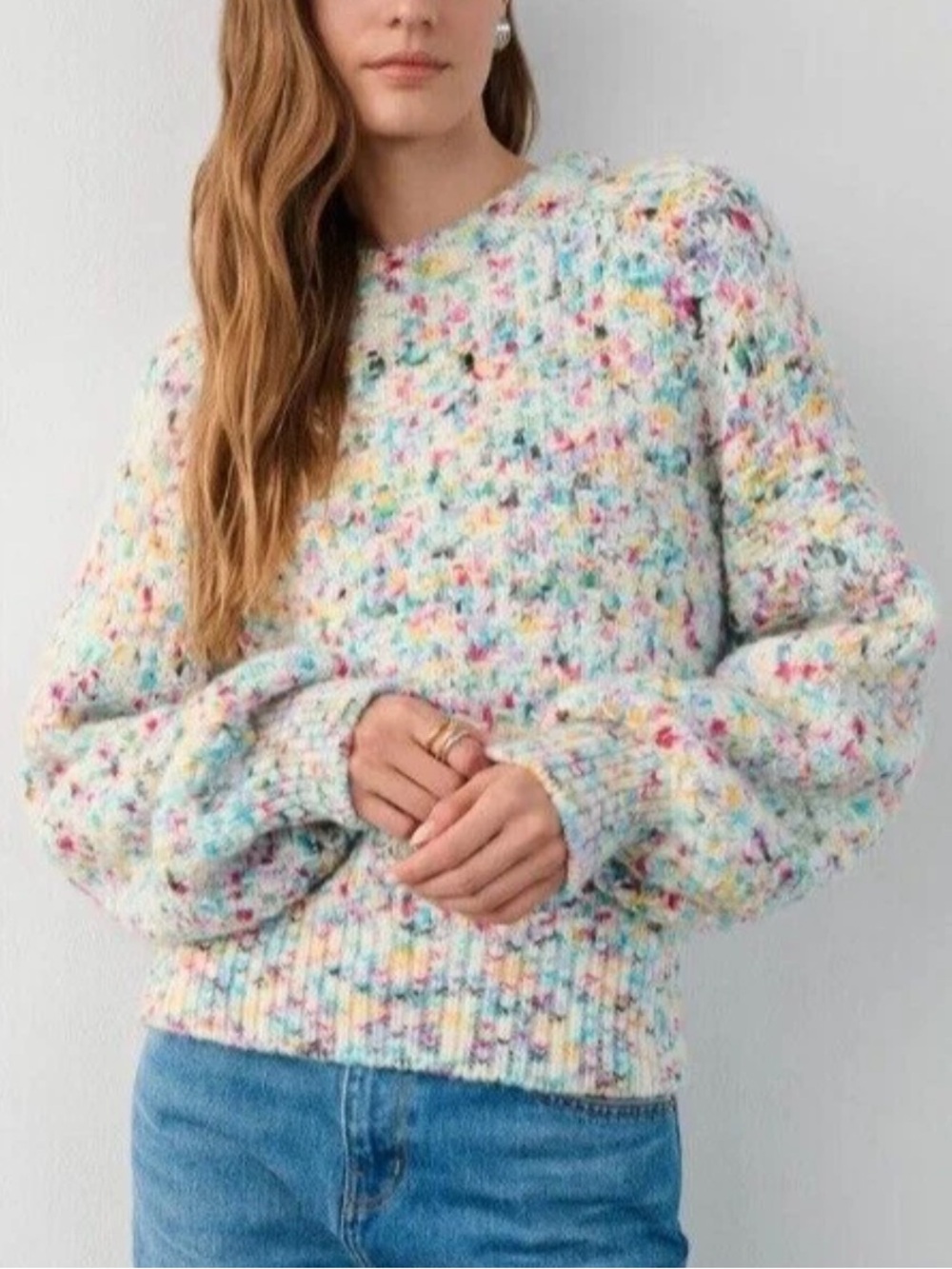 White + Warren Baby Alpaca Wool Blend Cream Confetti Speckled Crewneck Sweater